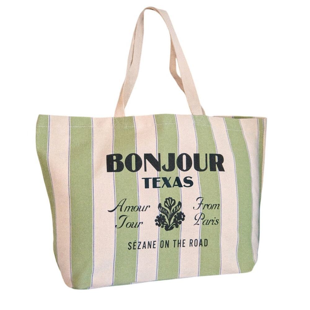 Sezane Striped Green Bonjour Tote Bag